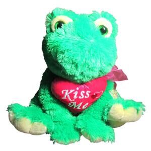 Kiss Me Frog Green Plush Stuffed Animal Pink Ribbon Expressive Eyes 16 Inches